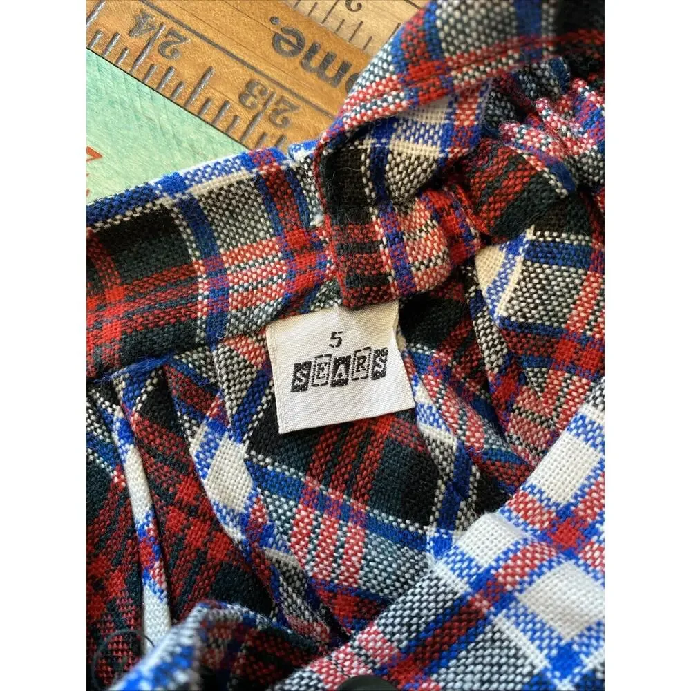 Vintage Sears Roebuck Girls 5 Jumper Skirt Bib Overall Wool Blend Plaid S MCM